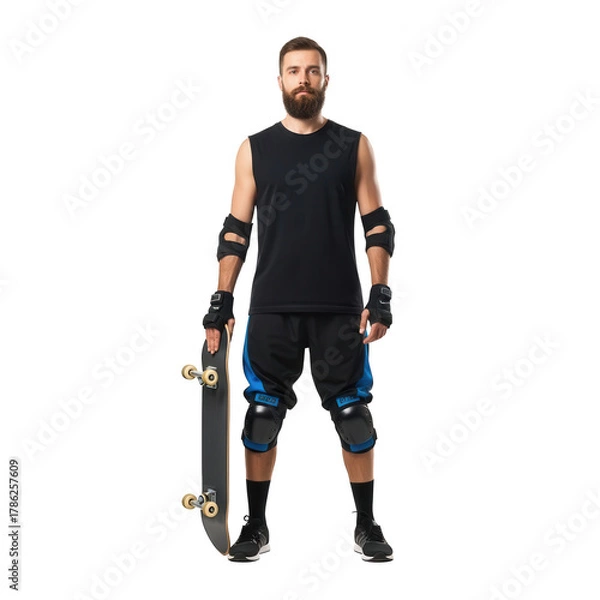 Fototapeta Man with beard holding a skateboard isolated on transparent background