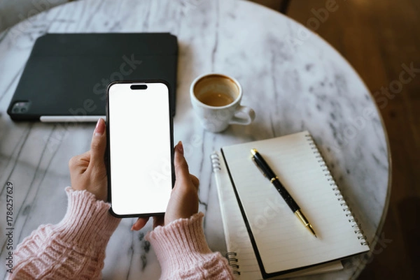 Fototapeta Woman using smartphone at cozy workspace with laptop, notebook, and coffee cup on marble table in soft daylight atmosphere.