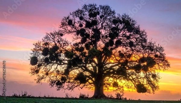 Obraz Silhouette of a Tree at Sunset with Mistletoe in the Branches.