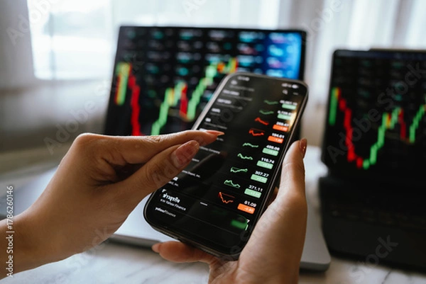 Obraz A person holding a smartphone showing stock market data with trading charts displayed on laptop screens in the background.