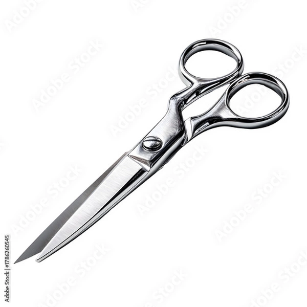 Obraz Stainless steel scissors open, blade reflections and texture realism, cinematic studio light and shadow balance, white isolated background