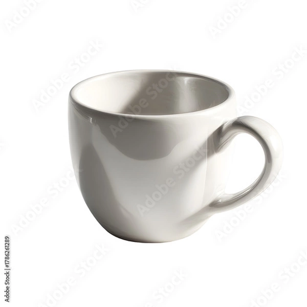 Obraz White ceramic coffee cup tipped slightly, shadow under handle visible, soft natural lighting balance, ultra-detailed realism, white isolated background