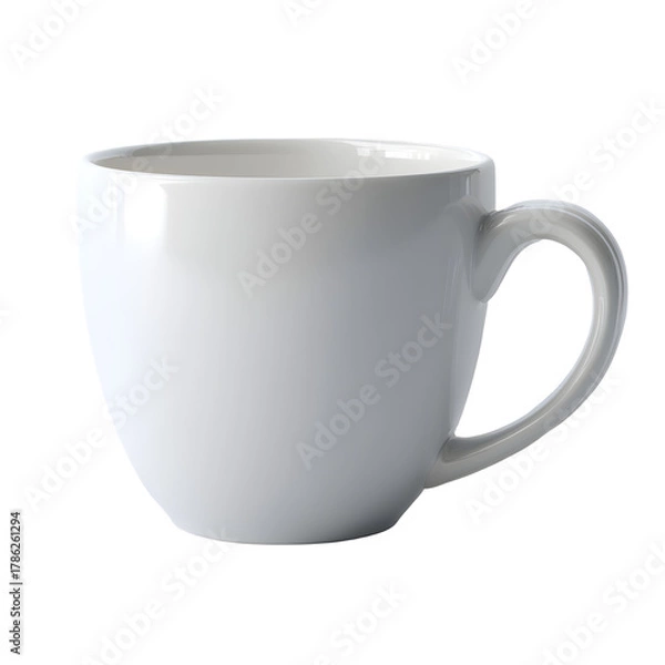 Fototapeta White ceramic coffee cup tipped slightly, shadow under handle visible, soft natural lighting balance, ultra-detailed realism, white isolated background