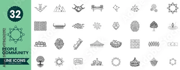 Obraz People Community Line Icons Set 32 Symbols of Society, Teamwork, Culture & Human Connection