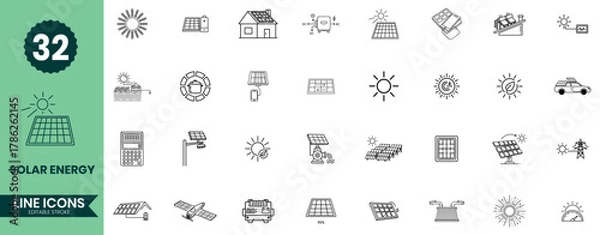 Obraz Solar Energy Line Icons Set 32 Renewable Power, Solar Panels, Sustainability, Green Technology, and Clean Energy Outline Vector Symbols