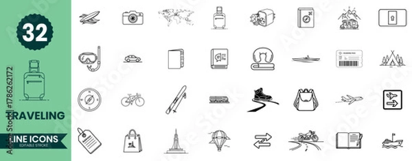 Obraz Traveling Line Icons Set 32 Tourism, Adventure, Vacation, Transportation, and Outdoor Activity Outline Vector Symbols