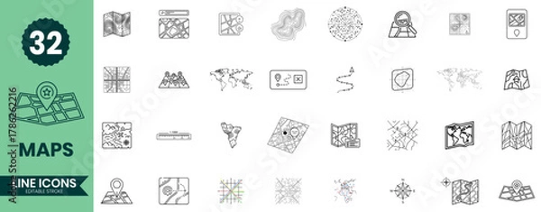 Obraz Maps Line Icons Set 32 Navigation, GPS, Geography, Location, and Travel Outline Vector Symbols