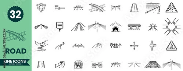 Obraz Road Line Icons Set 32 Highway, Bridge, Traffic, Infrastructure, and Transportation Outline Symbols