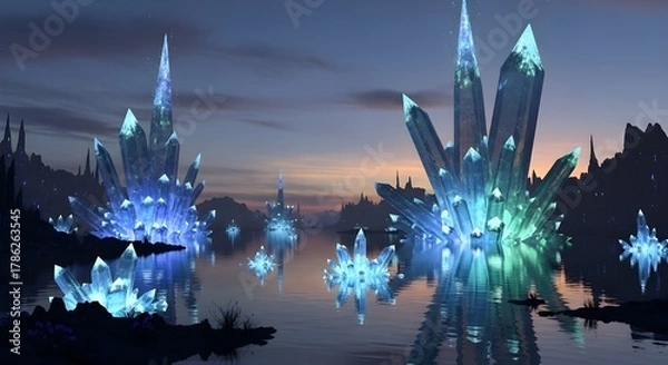 Fototapeta Crystal landscape with glowing formations and reflections in a serene lake