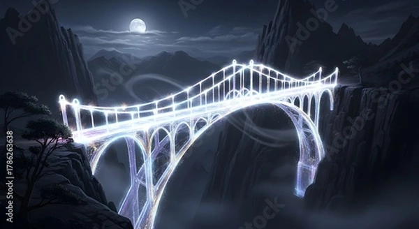 Fototapeta Fantasy bridge with glowing lights over a canyon at night