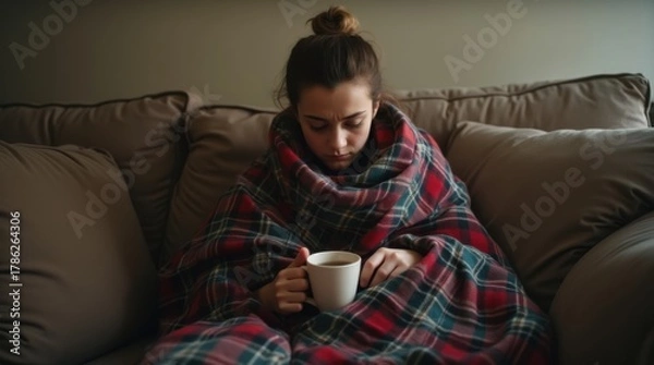 Fototapeta A person sits on a sofa, wrapped in a plaid blanket, looking miserable and holding a hot mug.
