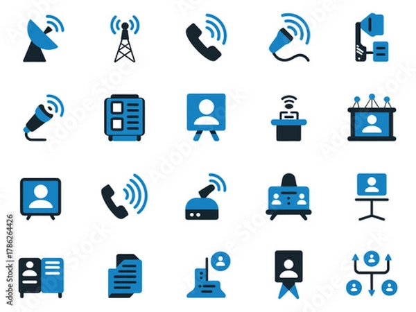 Fototapeta A collection of communication icons showcasing various devices and technology in blue tones.