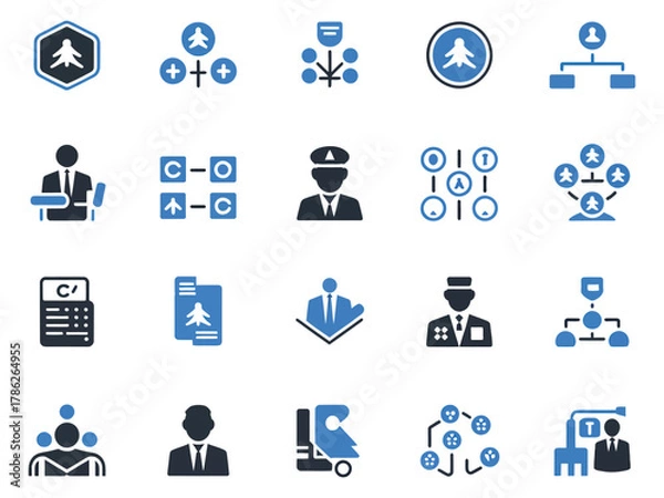 Fototapeta Collection of aviation-themed icons showcasing various airport operations and personnel roles.