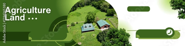 Fototapeta Aerial view of green agricultural land with farm buildings, modern layout elements, and eco-themed design suitable for farming, real estate, and rural development concepts.