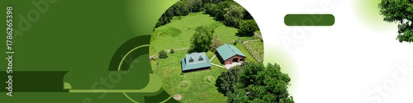 Fototapeta Aerial view of green agricultural land with modern farm buildings surrounded by trees, designed as a clean editable banner background for rural or real estate themes.