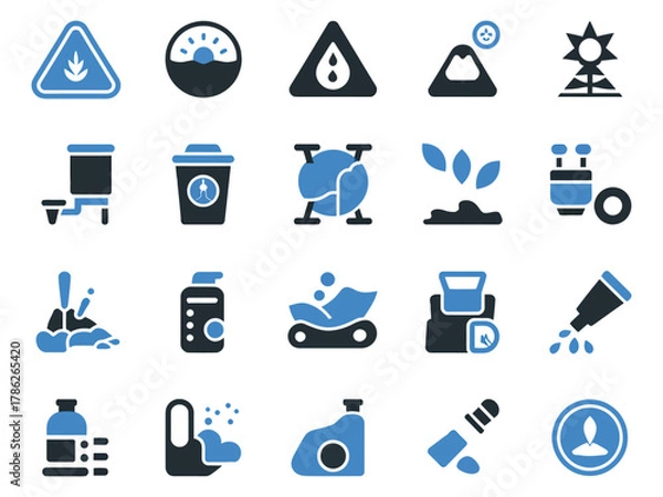 Fototapeta A collection of industrial and environmental icons, showcasing various elements related to water, energy, and safety.