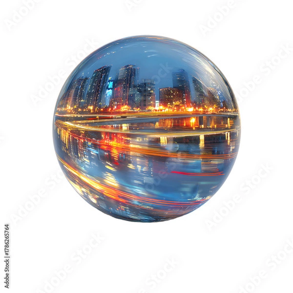 Obraz Stunning Glass Sphere Reflecting City Lights Isolated on White Background