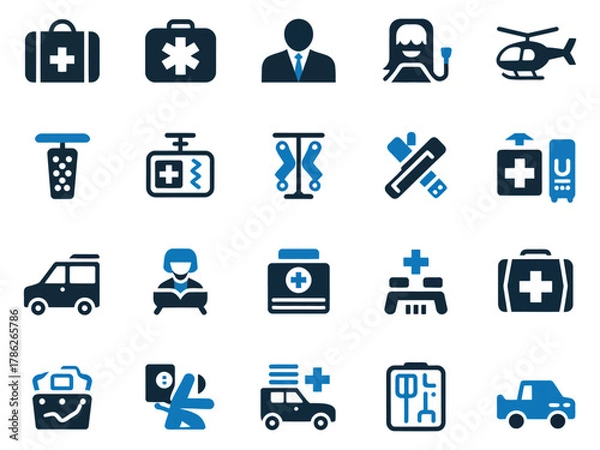 Fototapeta Collection of medical icons representing healthcare services and emergency response.