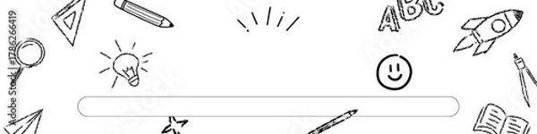 Fototapeta Playful black-and-white hand-drawn school doodle frame featuring stationery, symbols and creative icons surrounding a blank central space for educational design projects