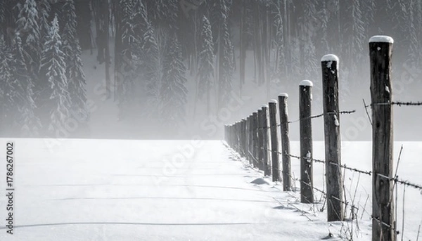 Obraz Winters Embrace - A Serene Snowscape with a Rustic Fence.