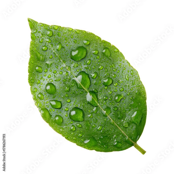 Obraz Fresh Green Leaf with Water Droplets Isolated on White Background