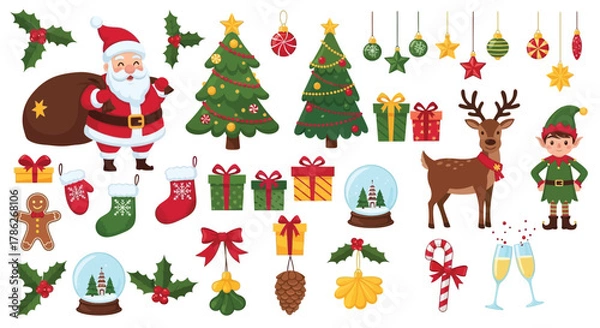 Fototapeta A colorful and festive Christmas vector illustration set featuring Santa Claus with a gift sack, Christmas trees decorated with ornaments and candy, wrapped presents, Cute Christmas Holiday Vector Set