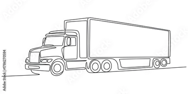 Fototapeta Continuous line art drawing of a large semi-truck for freight.