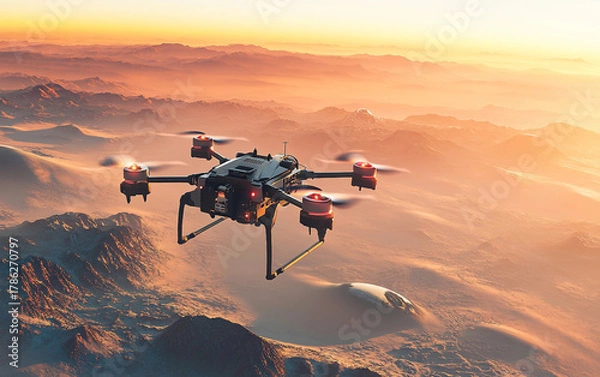 Fototapeta 3D digital rendering of a futuristic drone surveying distant planets showcasing innovation, technology, and exploration capabilities isolated on transparent background PNG