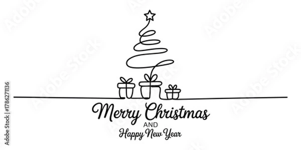 Obraz Continuous line drawing christmas tree with gifts and greetings