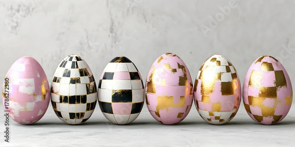 Fototapeta Colorful Easter eggs with chess patterns placed on a light surface for spring celebrations
