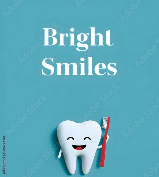 Fototapeta Bright tooth holding a tiny pastel toothbrush promotes dental health and smiles in a cheerful setting