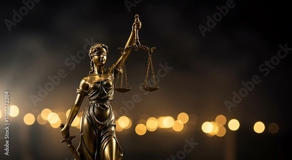 Fototapeta Statue of Lady Justice in Golden Light Symbolizing Legal System