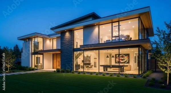 Fototapeta Luxury Modern Home Exterior at Twilight with Illuminated Interior and Billiard Room