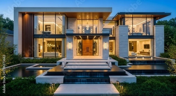 Fototapeta Luxury Modern Mansion Exterior at Dusk with Water Features and Architectural Lighting