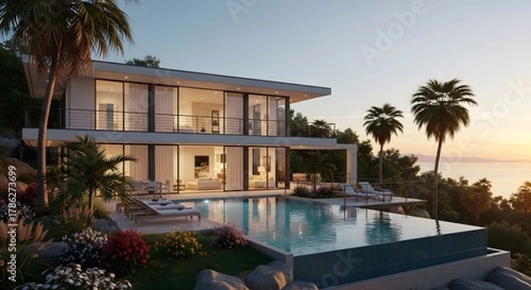Fototapeta Luxury Modern Villa with Infinity Pool and Ocean View at Sunset