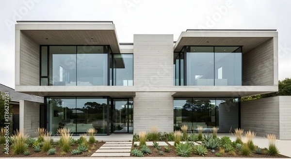 Fototapeta Modern Concrete House with Large Glass Windows and Xeriscape Garden