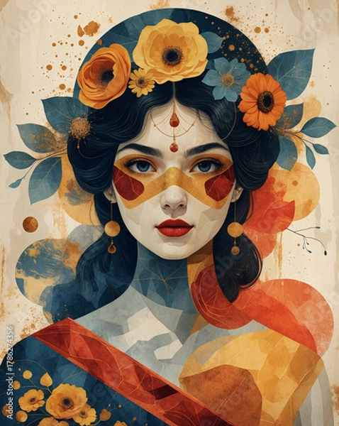 Obraz Colorful portrait of a woman adorned with flowers and vibrant patterns celebrating cultural heritage