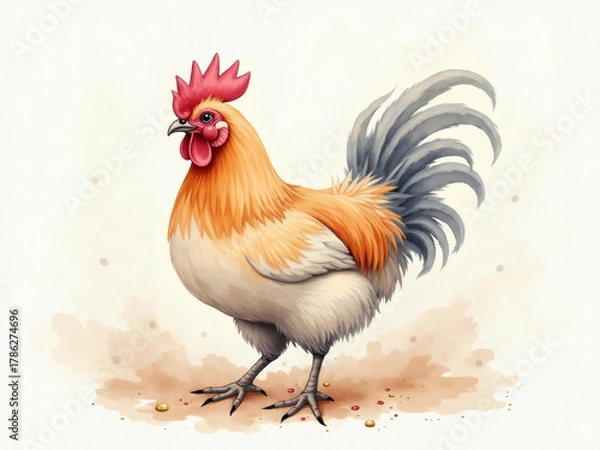 Fototapeta Colorful rooster standing proudly on a light background, showcasing its vibrant feathers and charming presence in a peaceful setting