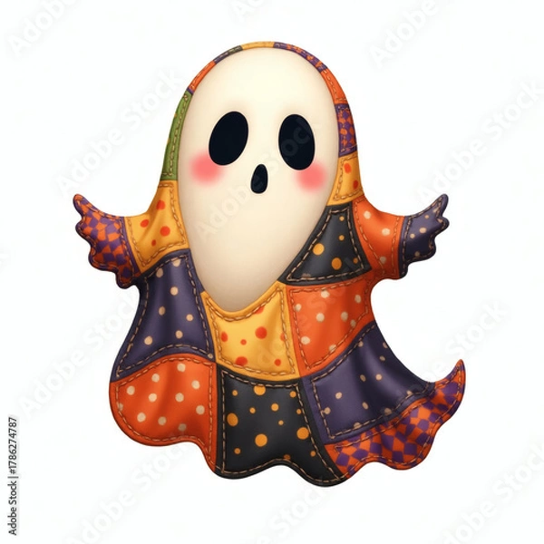 Fototapeta Colorful patchwork ghost decoration brightens up a charming Halloween display in a cozy home setting