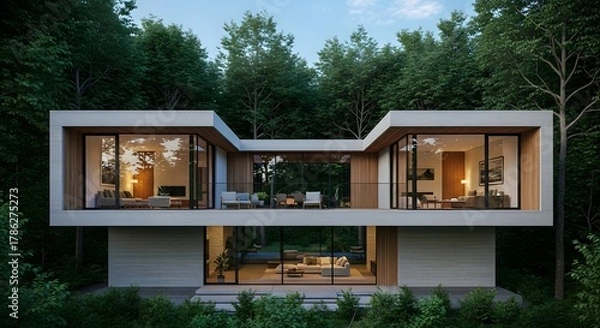 Fototapeta Modern Luxury House in Forest: Contemporary Architecture with Floor-to-Ceiling Windows