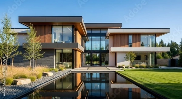 Fototapeta Modern Luxury House with Reflecting Pool and Wood Accents