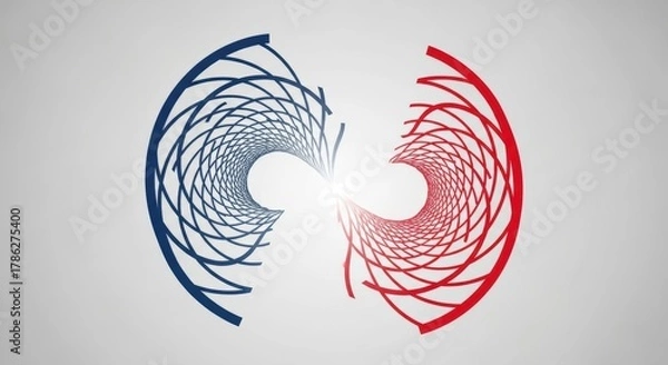 Fototapeta Symmetrical abstract design with swirling blue and red patterns meeting in the center.
