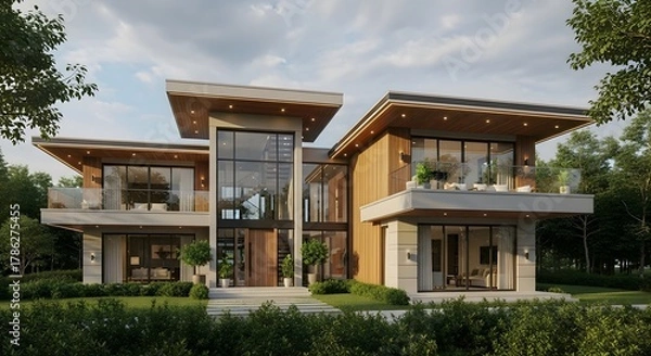 Fototapeta Modern Luxury House with Wood and Glass Facade, Surrounded by Lush Greenery