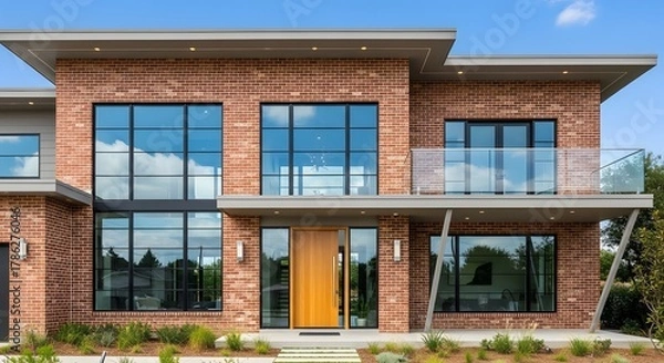 Fototapeta Modern Red Brick House with Large Windows and Wooden Door