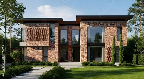 Fototapeta Modern Red Brick House with Large Windows and Lush Green Landscaping