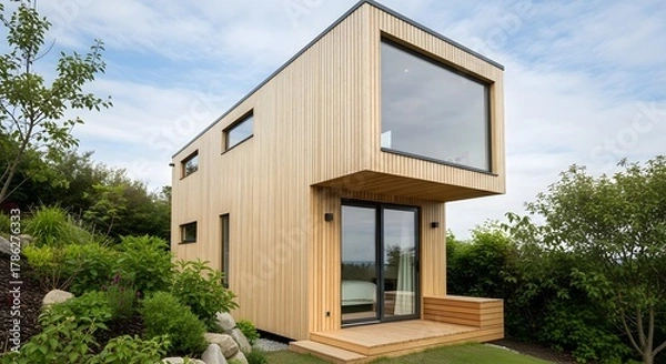 Fototapeta Modern Tiny House with Large Window and Wooden Exterior in Lush Green Landscape