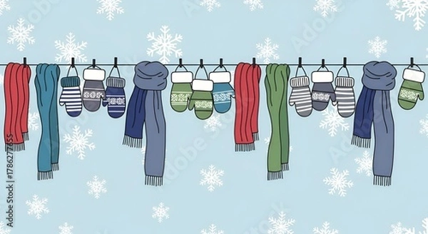 Fototapeta Winter Clothes Hanging on a Clothesline with Snowflakes.