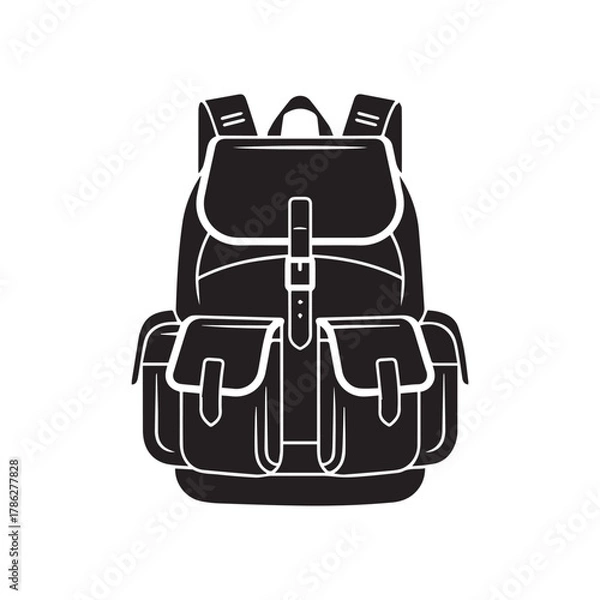 Obraz Black backpack with multiple pockets isolated on white background