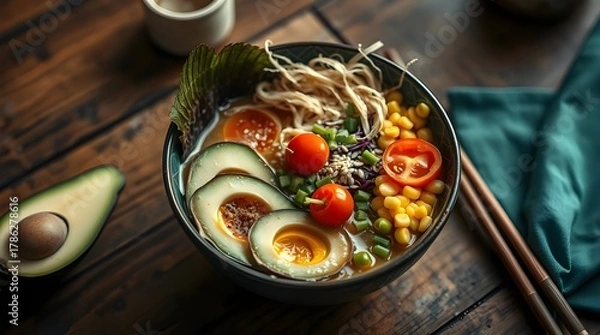 Fototapeta Stir fried vegetables and pasta with herbs in a pan for a healthy dinner.