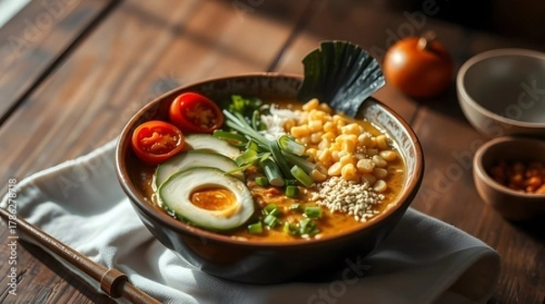 Fototapeta Stir fried vegetables and pasta with herbs in a pan for a healthy dinner.